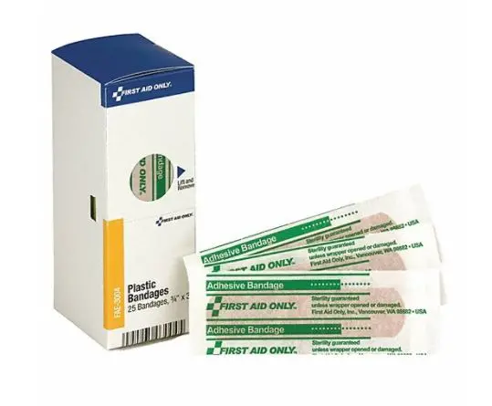 Beige Plastic Adhesive Strip Bandages – 3 In × 0.75 In, 25-Count Dispenser Box 1