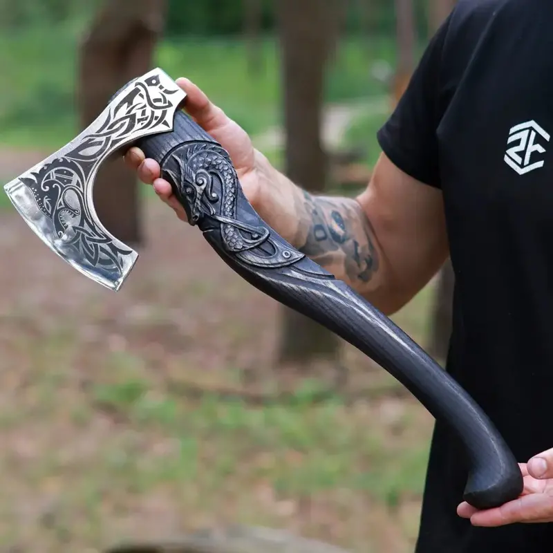 Fenrisulfr Bearded Viking Axe – Hardened Steel With Carved Wooden Handle 1
