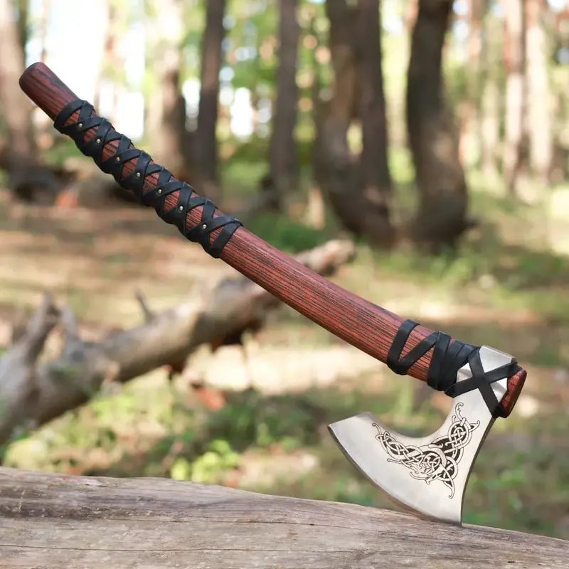 Norse-Themed Hand-Forged Axe "Njord" Wrapped In Soft Leather 1