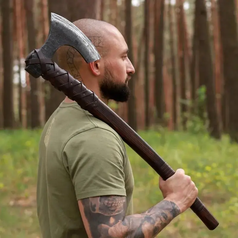 Viking Long Axe 'Ragnar Lothbrok' – Hand-Carved Wooden Handle With Genuine Leather Wrap 1