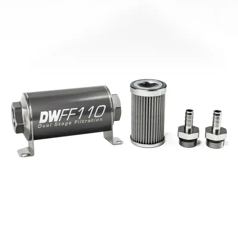 Deatschwerks Stainless Steel Inline Fuel Filter Housing – 3/8-Inch Inlet/Outlet, 100-Micron, 110Mm Length 1